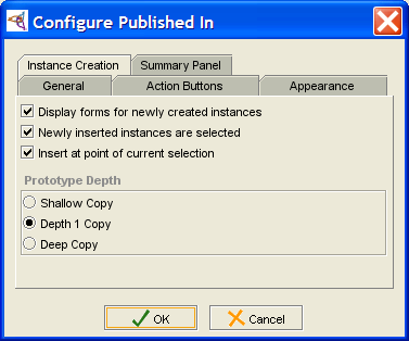 Configure Widget dialog, Instance Creation tab